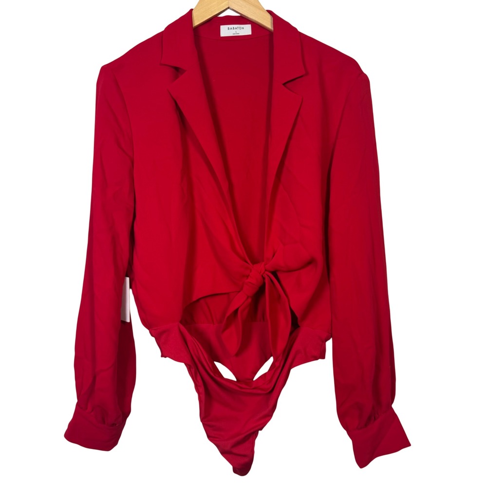 Aritizia Babaton Ace Bodysuitโ Large Red Tie Front Plunge Long Sleeve Thong